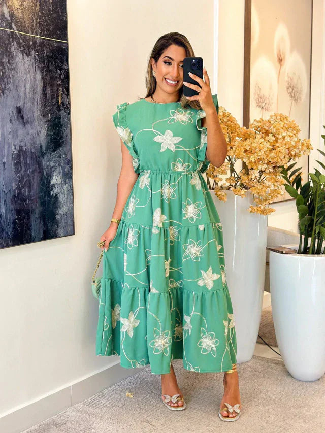 2263 - Vestido Duna | Manga babado bordado pode variar