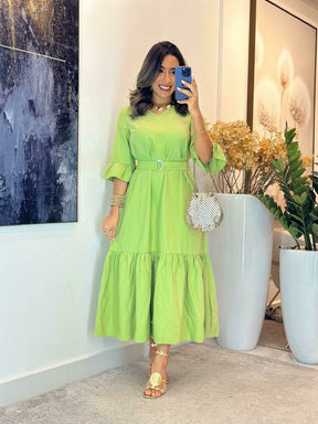 379 - Vestido linho | manga longa um babado, acompanha o cinto