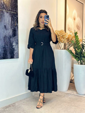 379 - Vestido linho | manga longa um babado, acompanha o cinto
