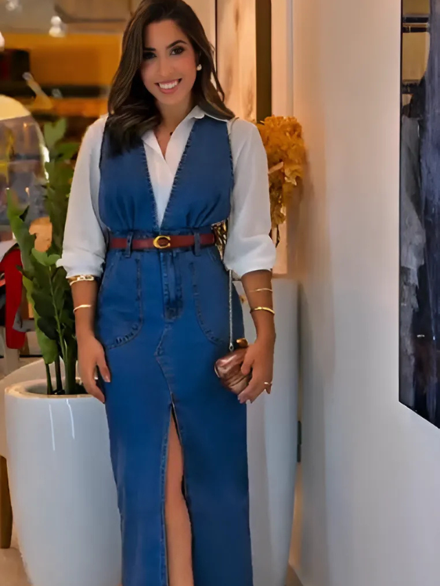 4000 - Vestido jeans | fenda frontal e cinto