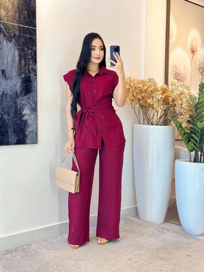 292- conjunto linho/ detalhe amarração na bata