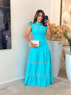 1195 - Vestido tricoline | babado na manga com botões