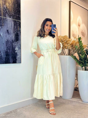 379 - Vestido linho | manga longa um babado, acompanha o cinto